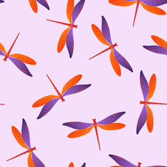 Dragonfly cartoon seamless pattern. Summer clothes fabric print with darning-needle insects. Close