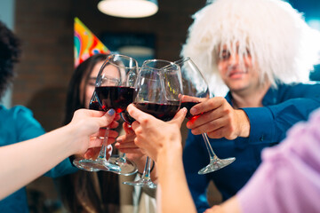 Party at a restaurant. Friends have fun in a restaurant and drink wine. festive mood.