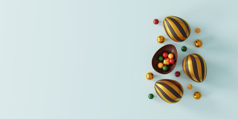 chocolate easter eggs on blue background. greeting card, poster, banner template. top view. flat lay. 3D illustration