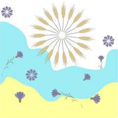 Fototapeta na wymiar A circle of spikelets, flowers and a yellow-blue background