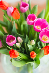 Pink and red tulips in transparent glass vase