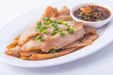 Roast pork on white background at Asia.