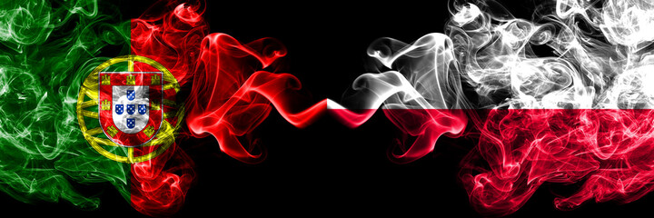 Portugal, Portuguese vs Poland, Polish, Pole smoky mystic flags placed side by side. Thick colored silky abstract smoke flags.