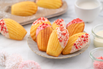 Delicious homemade chocolate dipped madeleine on white table background