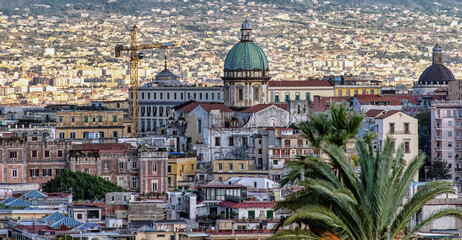 Fototapeta na wymiar Top View Cityscape Skyline With Famous Landmarks In Sunny Day. Many Old Churches And Temples. Naples, Italy.