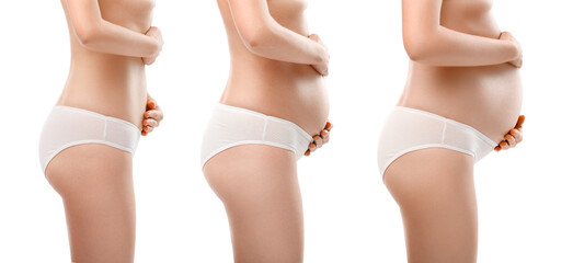Stages of pregnancy. several photos of a girl in underwear with different belly sizes, side view on a white isolated background.