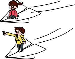 Fototapeta premium 紙飛行機で飛んでいる子供のイラスト
