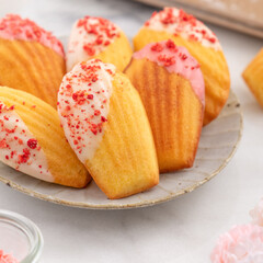 Delicious homemade chocolate dipped madeleine on white table background
