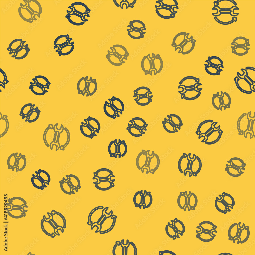 Aufkleber blue line wrench spanner and arrows as workflow icon isolated seamless pattern on yellow background.