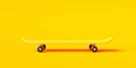 Fotobehang Yellow skateboard or skating surf board on vibrant color background with extreme lifestyle. 3D rendering. © Lemonsoup14