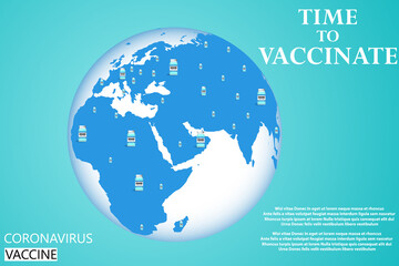 Coronavirus vaccination concept. Vaccine on planet earth map. Covid-19 coronavirus vaccine. Treatment for coronavirus covid-19. Vector illustration