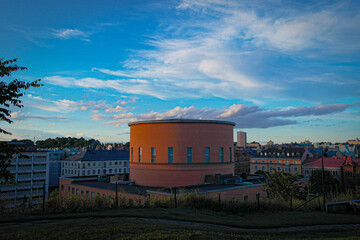 Stadsbibliotek - Stockholm Public Library building at sunset