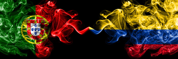 Portugal, Portuguese vs United States of America, America, US, USA, American, Colombia, Colombian smoky mystic flags placed side by side. Thick colored silky abstract smoke flags.