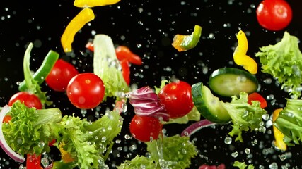 Super Slow Motion Shot of Flying Fresh Salad. Shot with High Speed Cinematic Camera, Super Slow Motion at 1000 fps. - Powered by Adobe
