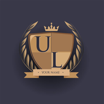 initial letter UL logotype colored brown and gold isolated with shield, crown and laurel design, logo for college and sport club.