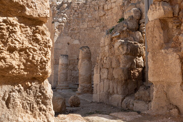 The courtyard  ruins of the palace of King Herod - Herodion in the Judean Desert, in Israel