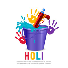Happy Holi spring festival of colors greeting vector background with realistic volumetric colorful Holi.