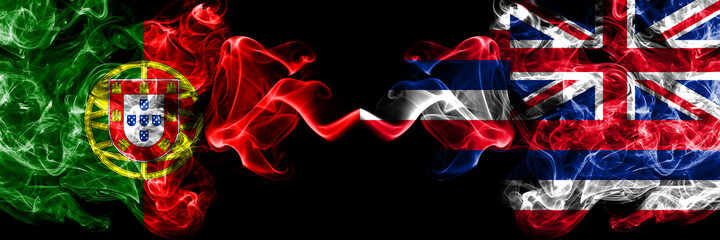 Obraz premium Portugal, Portuguese vs United States of America, America, US, USA, American, Hawaii, Hawaiian smoky mystic flags placed side by side. Thick colored silky abstract smoke flags.