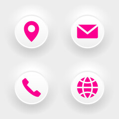 Neumorphic business card icons set, phone, email, location, website