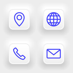 Neumorphic business card icons set, phone, email, location, website