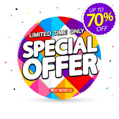 Special Offer, up to 70% off, sale banner design template, discount tag, promotion poster, vector illustration