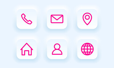 Neumorphic business card icons set, phone, email, location, website