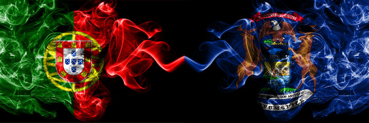Portugal, Portuguese vs United States of America, America, US, USA, American, Michigan smoky mystic flags placed side by side. Thick colored silky abstract smoke flags.