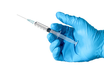 Syringe closeup isolated on white background, medical injection in hand, for injection, palm or fingers. Medicine plastic vaccination equipment with needle. Nurse or doctor. Liquid drug or narcotic.