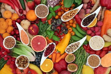 Plant based healthy antioxidant food for vegans with fruit, vegetables, cereals, grains, legumes, herbs & spice. High in fibre, protein, anthocyanins, lycopenes, vitamins, carotendoids, omega 3.
