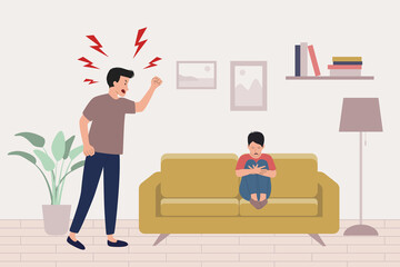 Child abuse concept. Father yells at scared boy sitting on the sofa. Scared and frightened child, dad beating. Domestic violence, despotic parent, psychological abuse. Flat vector illustration.