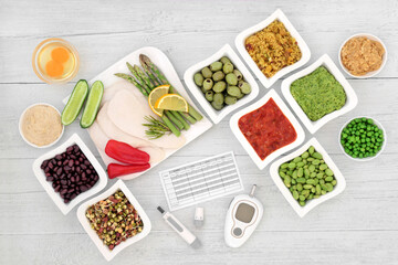 Low glycemic diabetic health food with blood sugar testing & lancing devices with meal chart & foods below 55 on the GI index, high in antioxidants, omega 3, protein, anthocyanins, vitamins & minerals