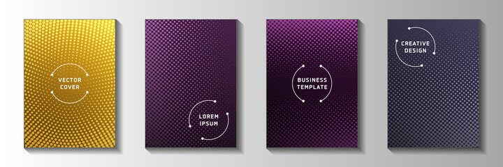 Decorative dot perforated halftone cover templates vector series. Scientific flyer faded halftone