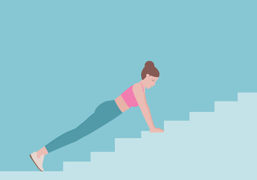 Stair workout: Exercises you can do at every staircase you find.
Inhale as slowly bend your elbows and lower yourself until your elbows are at a 90-degree angle. with Push-up posture. Cartoon style.