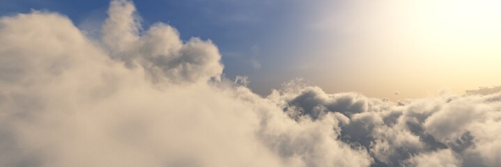 Clouds, cloudy background, sunrise above the clouds, panorama of clouds, 3d rendering