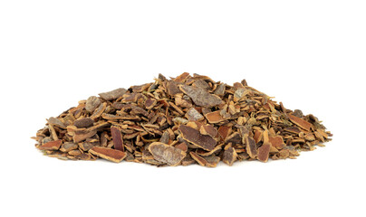 Cascara herb bark used in herbal medicine to treat constipation on white background. Rhamnus...