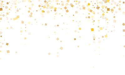Stylish gold square confetti tinsels falling on white. Luxurious Christmas vector sequins background. Gold foil confetti party decoration space. Square particles party background.