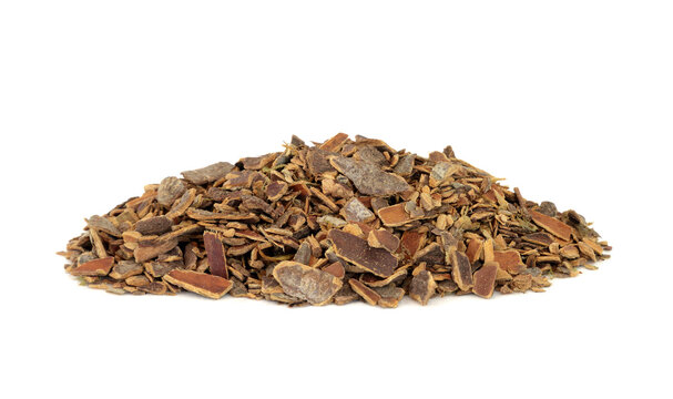 Cascara herb bark used in herbal medicine to treat constipation on white background. Rhamnus purshiana.