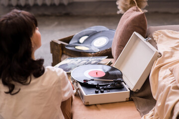 Close up of a record player playing vinyl. Retro Vinyl Turntable Stylus