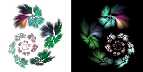 Fototapeta na wymiar Spirals of delicate blurred colors are arranged symmetrically on black and white backgrounds. Set of abstract backgrounds. 3d rendering. 3d illustration.