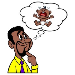Man thinking about Kids - A cartoon illustration of a man thinking about having Kids.