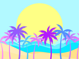 Landscape with palm trees and beach, sea waves and sand. Multicolored palms in a flat style. Exotic sunrise. Design for poster and travel banner. Vector illustration