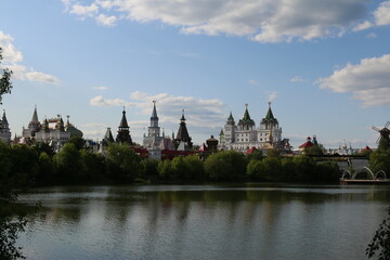 view of the Izmailovsky kremlin across the lake moscow Russia summer