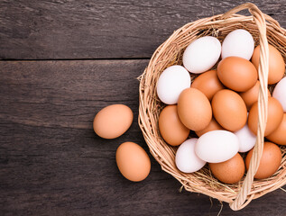 Fresh eggs from organic farms Put in the basket placed on a wooden table in the kitchen - top view.
