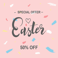 Fototapeta na wymiar Easter Sale banner design with hand drawn lettering and abstract modern pink background. Special offer 50% off. - Vector