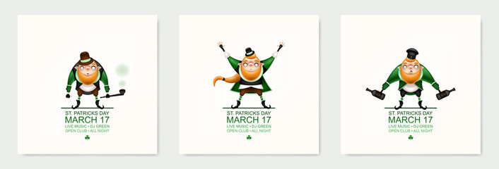 Happy St. Patrick's Day! Postcard, flyer, invitation. Patrick's ginger character posing and grimacing on a light background. Cartoon funny leprechaun in a festive costume. Vector illustration.