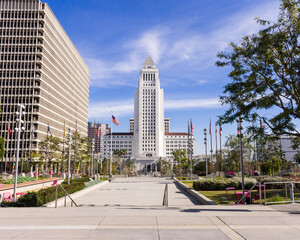 Los Angeles City Hall seen from Grand Park on bright sunny day