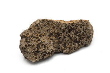 Stone with dry lichen and moss isolated on white background. Soft shadows. Horizontal shot. Clipping path, graphic resources for projects and nature concept.