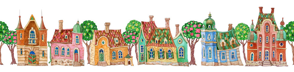 Architectural seamless border pattern on white background. Watercolor painted doodle Fairy tale houses panorama, old medieval European town street with blooming trees. Travel brochure, web site banner