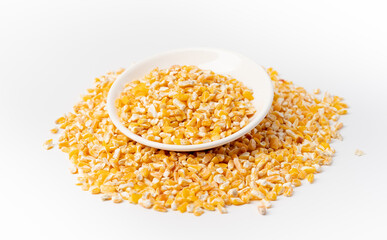 The characteristic dry grain of northeast rice ballast under pure white background