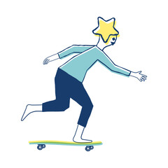 Young sportsman star head character playing skateboard. Skateboarder use surf skate doing skateboard trick pumping. Vector illustration for graphic design or surf skate content background